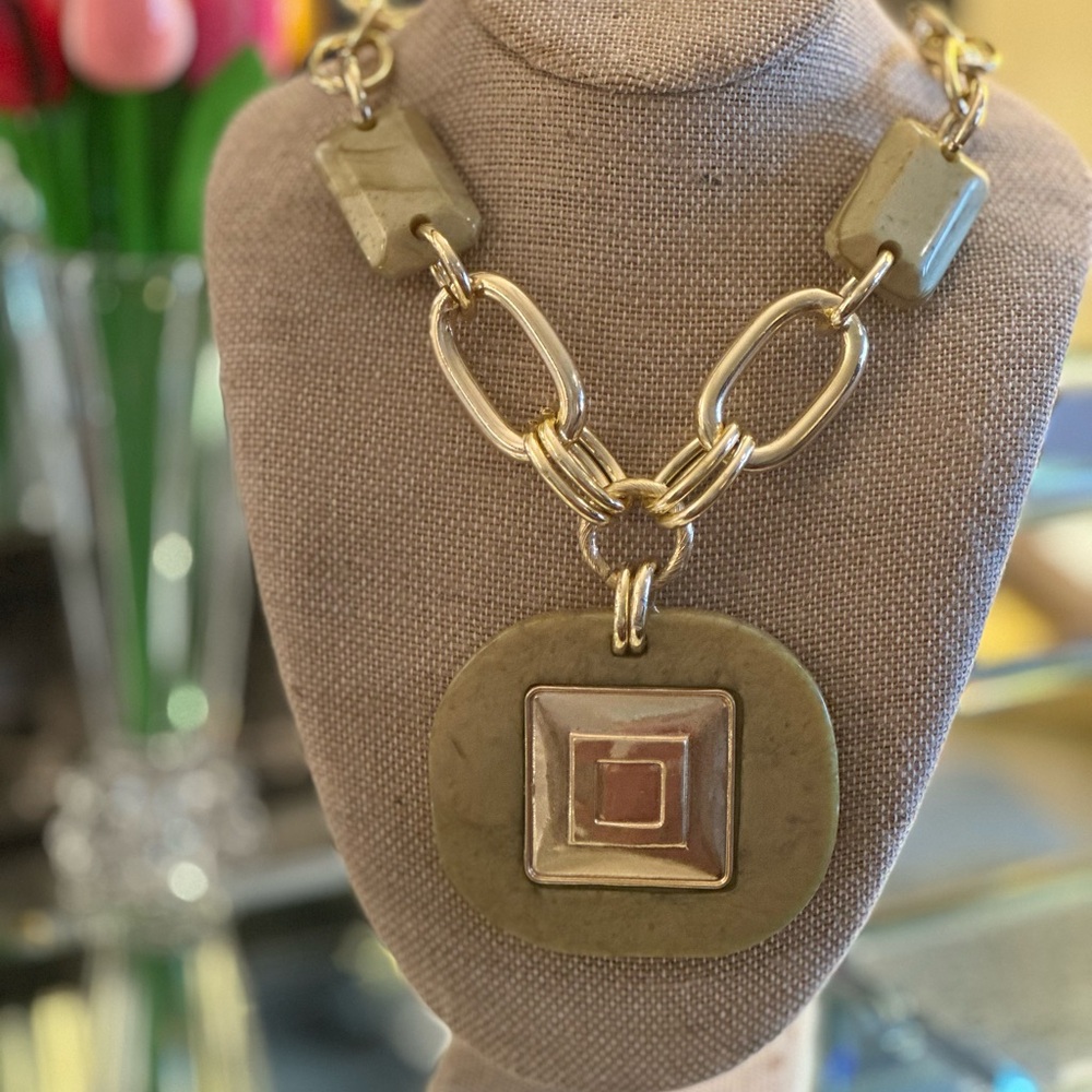 Modern Gold Tone and Sage Green Geometric Necklace Designed by Gardenia Jewelry